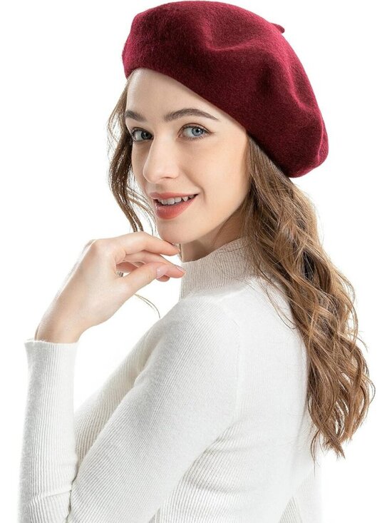 Women\'s Wool French Beret Hat Comfortable Solid Color Soft Beret Cap Burgundy